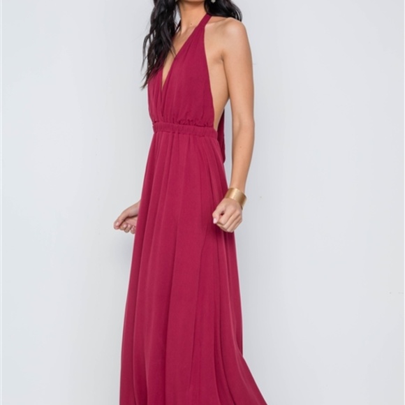 BURGUNDY PLUNGING OPEN BACK SOLID MAXI DRESS - Picture 2 of 6